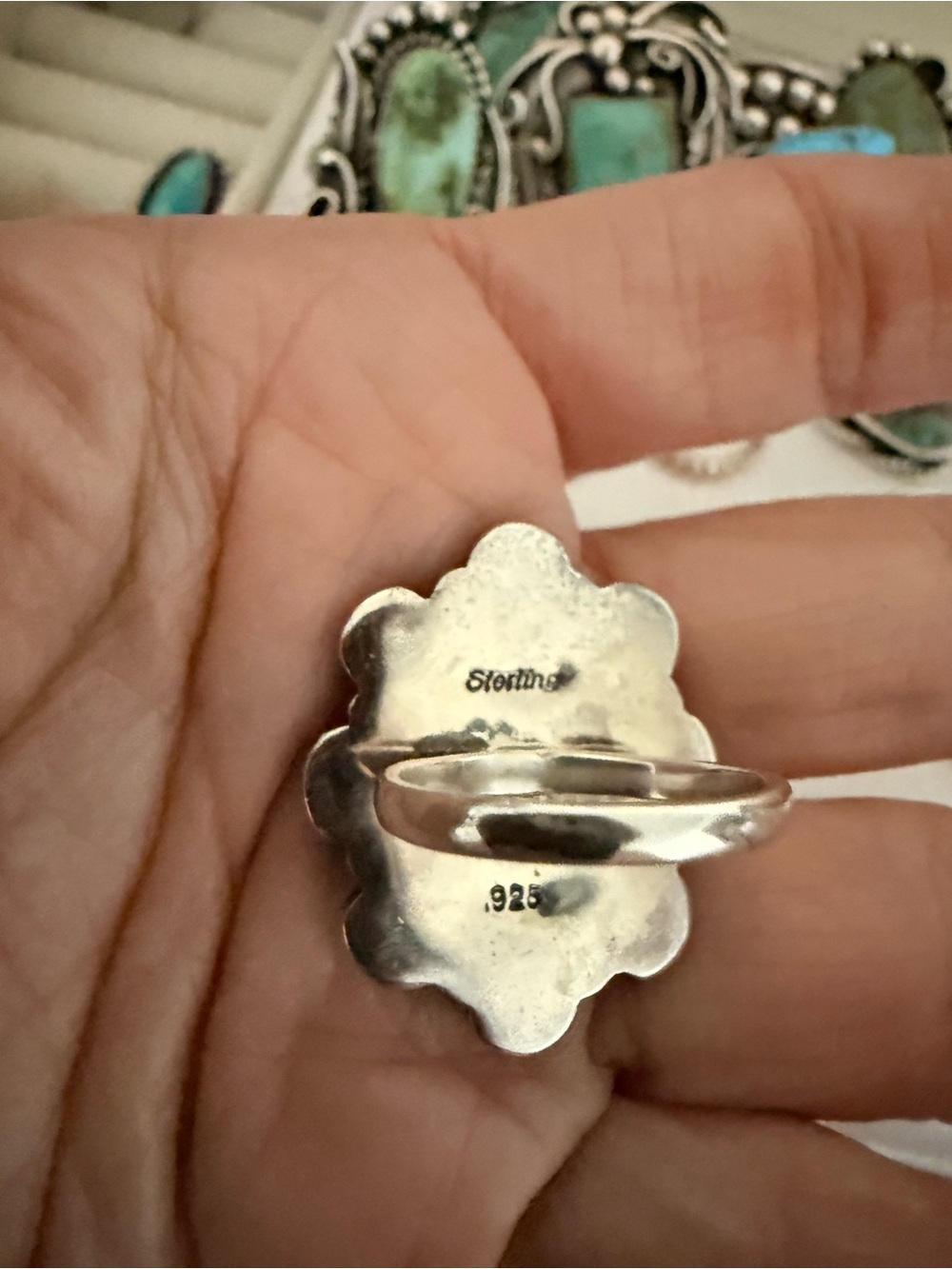 Vintage Cameo Sterling Silver and Turquoise Oval Statement Ring - Picture 5 of 6